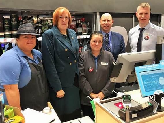 Yvonne Fovargue MP is pictured with Ian Hall, area manager, Ian Curtice, store manager and staff members Sharon and Louise