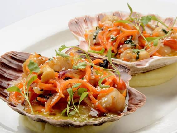 Etuve scallops with gingered carrot, coriander, soy and sesame