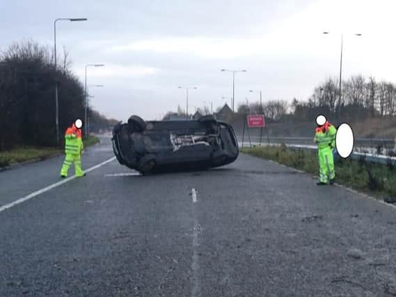 The car was found overturned on the slip road