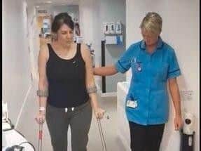 Walking down the corridors of Wrightington Hospital on crutches just a few hours after hip replacement surgery
