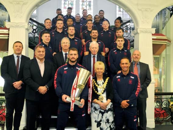 The Mayor of Wigan Councillor Sue Greensmith, centre, pictured with Wigan Warriors first team players