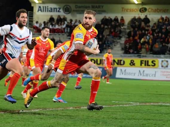 Sam Tomkins playing for Catalans in a friendly. Picture: Catalans Dragons/Twitter
