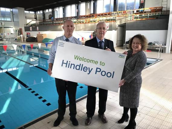 Left to right: Andrew Watmough, head of sport and leisure facilities at Inspiring Healthy Lifestyles, Coun Molyneux and Prof Kate Ardern, director of public health at the newly refurbished pool