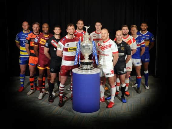 The 12 Super League captains at the Old Trafford launch