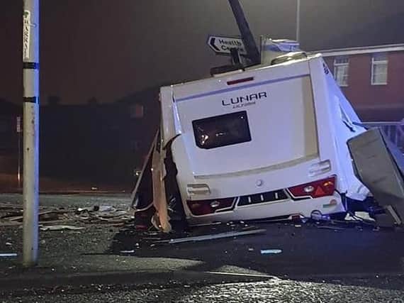 The wreckage of the caravan at the Beech Hill Avenue/Gidlow Lane junction