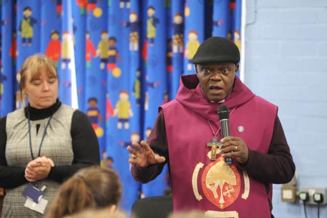 The Archbishop of York John Sentamu gives a Q&A session at St Paul's Primary School