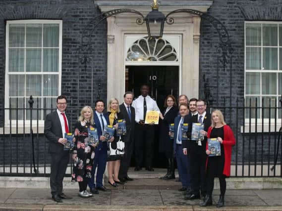 Jo Platt (far right) joins other MPs and the Dogs Trust at Downing Street to demand action on puppy smuggling