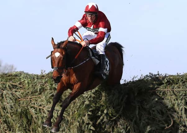 Tiger Roll ridden by Jockey Davy Russell on the way to winning the 2018 Grand National