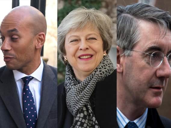 2nd referendum: From left, Chuka Umunna is for, Theresa May is against, and Jacob Rees Mogg is very against