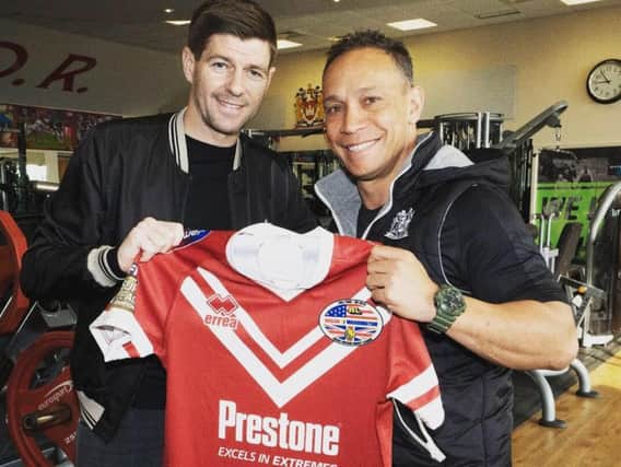 Steven Gerrard with Adrian Lam at Warriors' training ground today. Picture: Wigan Warriors