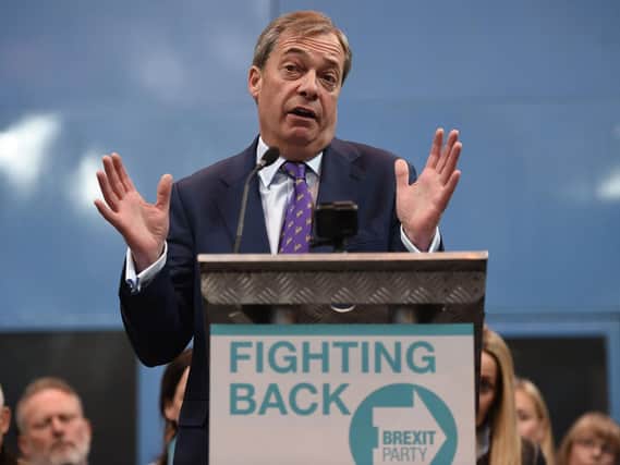 British politician and The Brexit Party leader, Nigel Farage addresses the launch of The Brexit Party's European Parliament election campaign  (Photo credit should read OLI SCARFF/AFP/Getty Images)
