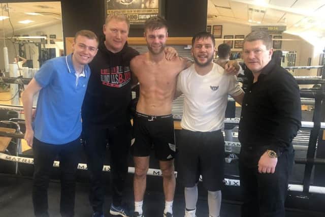 Reporter Jay Whittle with Lee Blundell, James Moorcroft, Conah Walker and Ricky Hatton