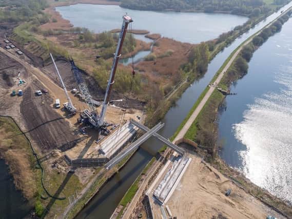 A drones-eye view of the canal bridge beams being put into place. Similar work will now take place at Poolstock