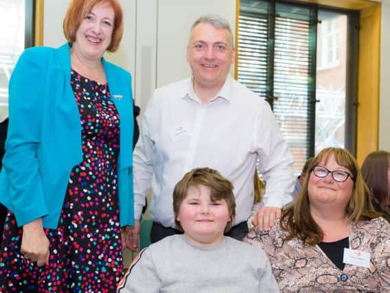 RCSLT Voice Box 2019 finalist Aidan Palmer with (left to right) Yvonne Fovargue MP and his parents Stuart and Helen Palmer.