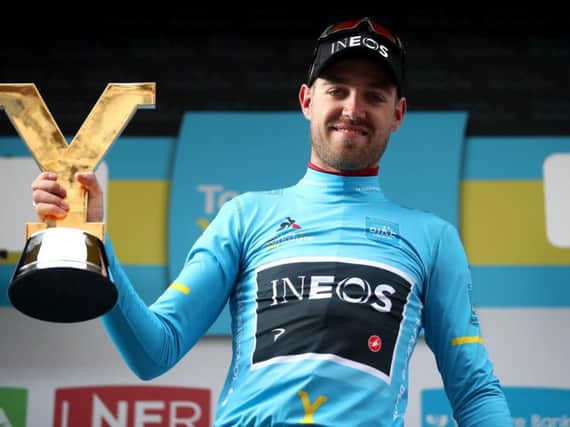 Chris Lawless celebrates his Tour de Yorkshire win