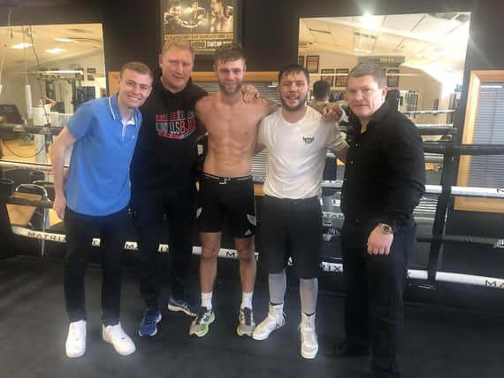 Jay Whittle with Lee Blundell, James Moorcroft, Conah Walker and Ricky Hatton after a sparring session at Hattons Manchester gym