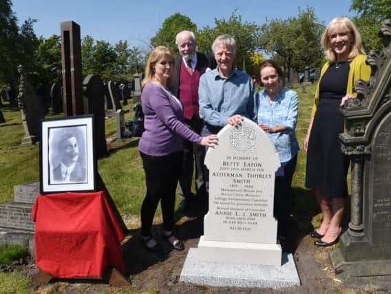 Thorley Smith's relative Barbara Klein, event organiser and local historian Tom Walsh, Thorleys great nephew Peter Klein, Sue Klein and editor of the Wigan Observer Janet Wilson with the new headstone