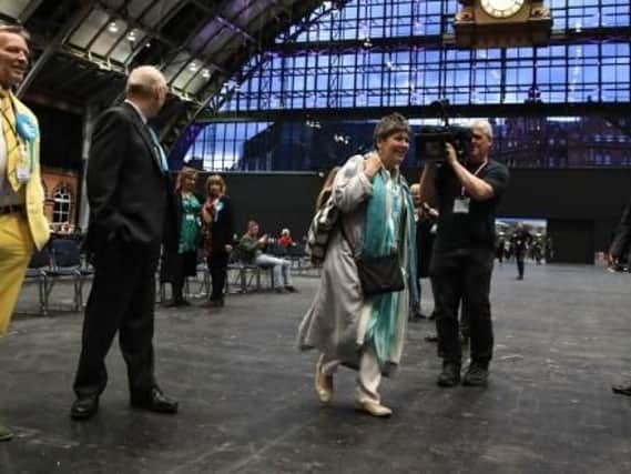 Brexit Party's Claire Fox arriving in Manchester for the count