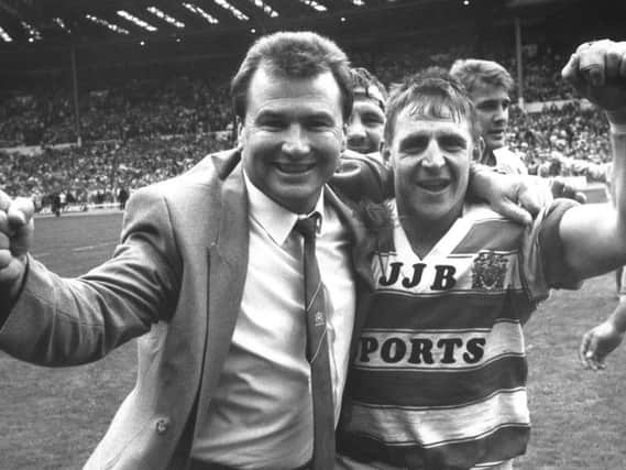 Graham Lowe with Andy Gregory after their 1988 Challenge Cup Final victory over Halifax