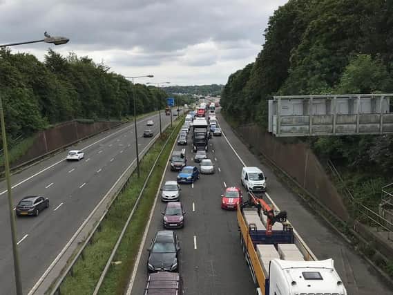 Traffic queuing on the northbound M6 at Standish after a lorry jackknifed 6 miles away in Orrell, Wigan.