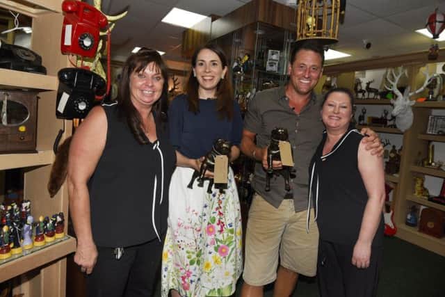 Antiques and Oddities owners Amanda Brady, left, and Carol Worthington, right, meet antiques expert Stephanie Connell and Hollyoaks actor Nick Pickard,