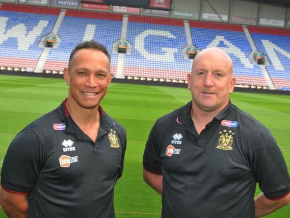 Shaun Edwards with Adrian Lam at the DW Stadium when they were unveiled last August