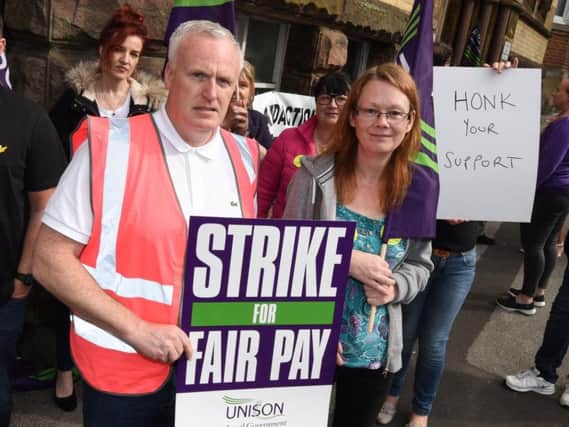 Unison regional organiser Paddy Cleary and Kathryn Herbert, a drug and alcohol worker and Unison rep, on the picket line last month