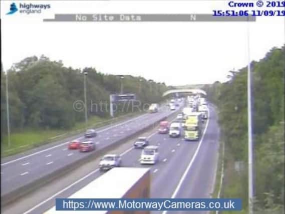 Motorway footage of the slow moving traffic.