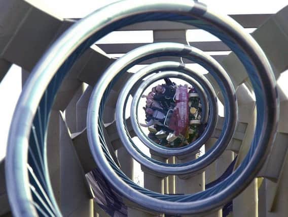 A corkscrew on Colossus at Thorpe Park