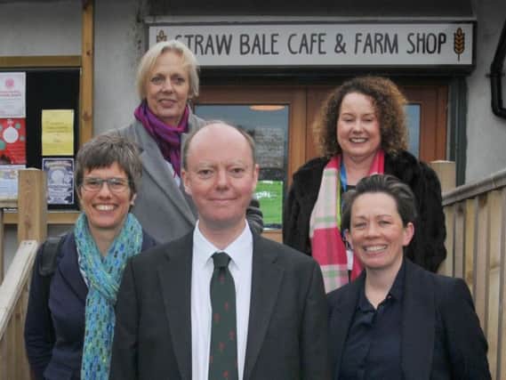 Professor Chris Whitty, chief scientific adviser to the Department of Health and Social Care, visits Greenslate Farm, Billinge,  meeting professionals working on the Community in Charge of Alcohol Team. from left, Prof Penny Cook, Prof Dame Anne Johnson, Prof Chris Whitty, Prof Kate Ardern director of public health at Wigan Council and Liz Burns from University of Salford outside the Straw Bale Cafe at Greenslate Farm
