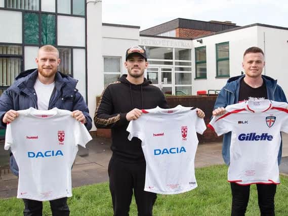 Luke Thompson, Oliver Gildart and Joe Burgess returned to their former school earlier this year. Picture: St Edmund Arrowsmith