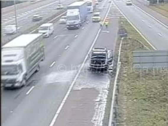 Lane 1 is closed on the M6 northbound at junction 26 (Orrell Interchange) after a vehicle caught fire on the hard shoulder this afternoon (September 26)