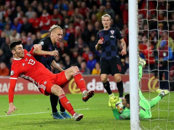 Kieffer Moore in action for Wales against Croatia