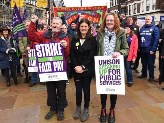 Wigan MP Lisa Nandy, centre, shows her support at rally supporting striking drug and alcohol support workers from Addaction, at Market Place, Wigan
