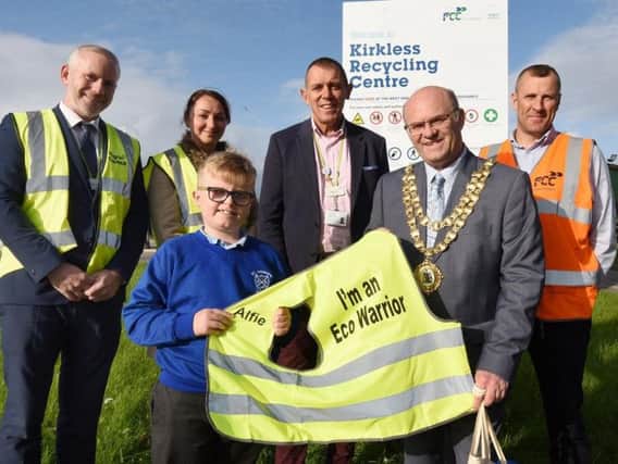 From left: Matt Kelly, service manager from Street Scene Services; Ellen Hardaker, Wigan Council environmental officer; Alfie; Dave Lyon, assistant director environmental and housing operations at Wigan Council, Coun Dawber and Barry Elder FCC Environment contract manager