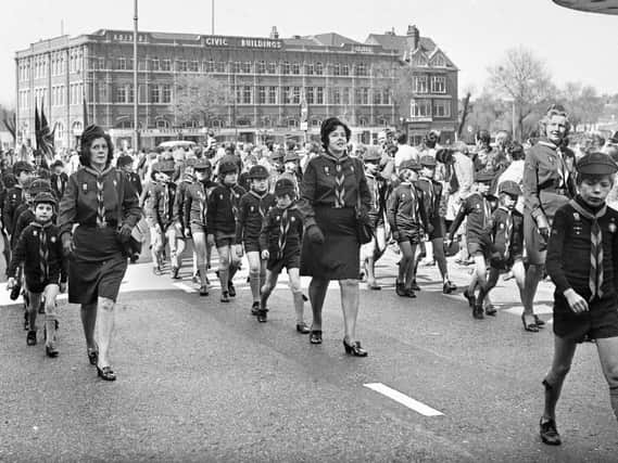 Cub scouts stride up Market Street during the annual St George's Day parade on Sunday 29th of April 1973