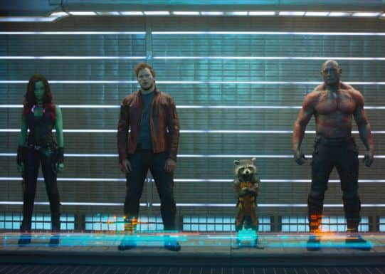 Gamora (Zoe Saldana), Peter Quill/Star-Lord (Chris Pratt), Rocket Raccoon (voiced by Bradley Cooper) and Drax The Destroyer (Dave Bautista)