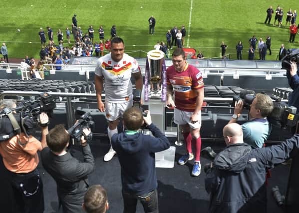 Catalan Dragons' Jeff Lima (left) and Huddersfield Giants Danny Brough during the media launch of the 2015 Magic Weekend at St James' Park, Newcastle