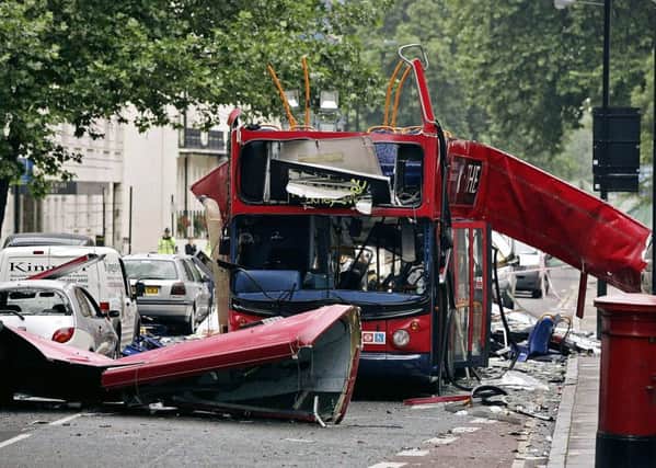 The number 30 double-decker bus in Tavistock Square, which was destroyed by a bomb following the terrorist attacks on the capital 10 years ago today.