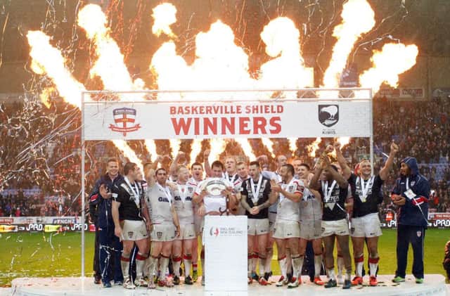 England lift the Baskerville Shield after winning the series following the International Test Series match at the DW Stadium