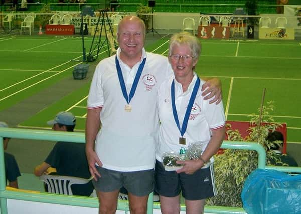 Geoff Williams and badminton partner Sylvia Gill in Spain as part of the medal-winning England squad at the European Masters' Championships