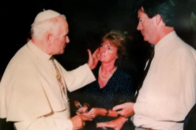 Marie McCourt, mother of Helen McCourt, meets Pope John Paul II
