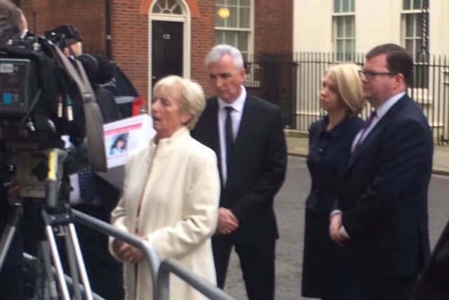 Marie McCourt speaking to TV reporters outside Number 10