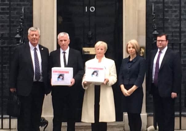 The McCourts and MP Conor McGinn deliver the Helen's Law petition at Downing Street