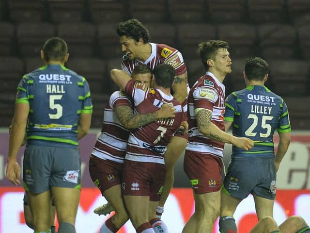 Anthony Gelling and co. celebrate a try against Leeds last week