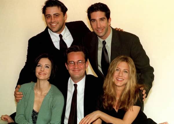 Stars of the American sitcom Friends (from left to right back) Matt Le Blanc, David Schwimmer, (left-right front) Courteney Cox, Matthew Perry and Jennifer Aniston