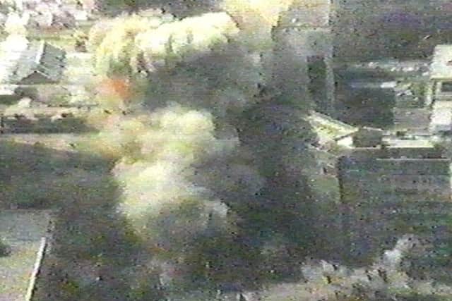One of a set of four pictures issued by Greater Manchester Police (GMP), taken from a police helicopter, of a massive IRA bomb which devastated the city centre in 1996