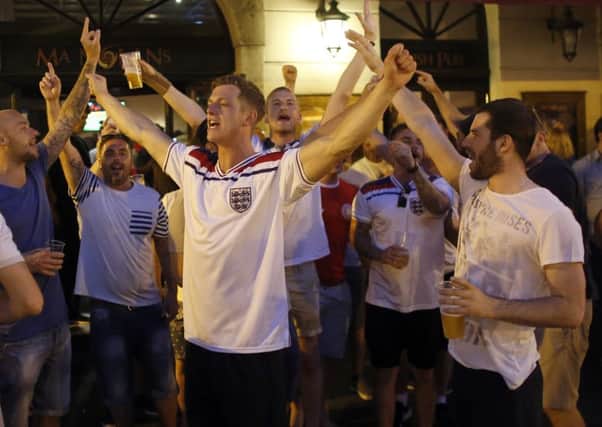 England fans gather in downtown Nice, France, Sunday, June 26, 2016, a day ahead of the Euro 2016 round of 16 soccer match between England and Iceland