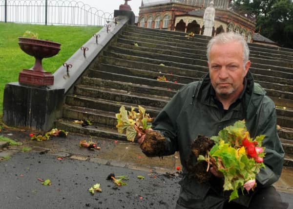 Head gardener Andrew Hopkins is angry and upset after plants and soil littered paths as flower beds have been vandalised only 24-hours after being planted