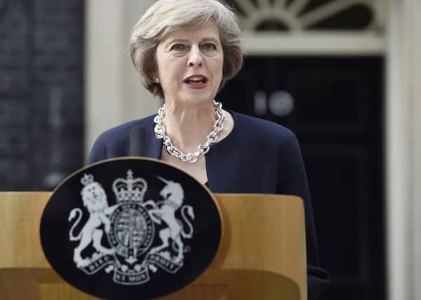 New Prime Minister Theresa May makes a speech outside 10 Downing Street  after becoming Prime Minister. See letter